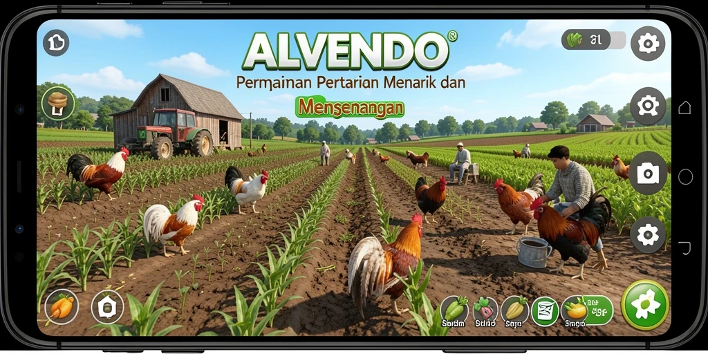 Tampilan menarik dari gameplay ALVENDO saat merawat ladang pertanian.