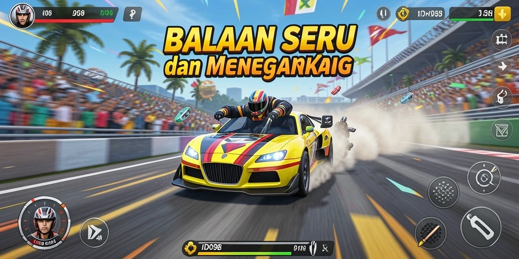 Gameplay balapan menantang di ID098 dengan mobil cepat dan trek berbahaya.